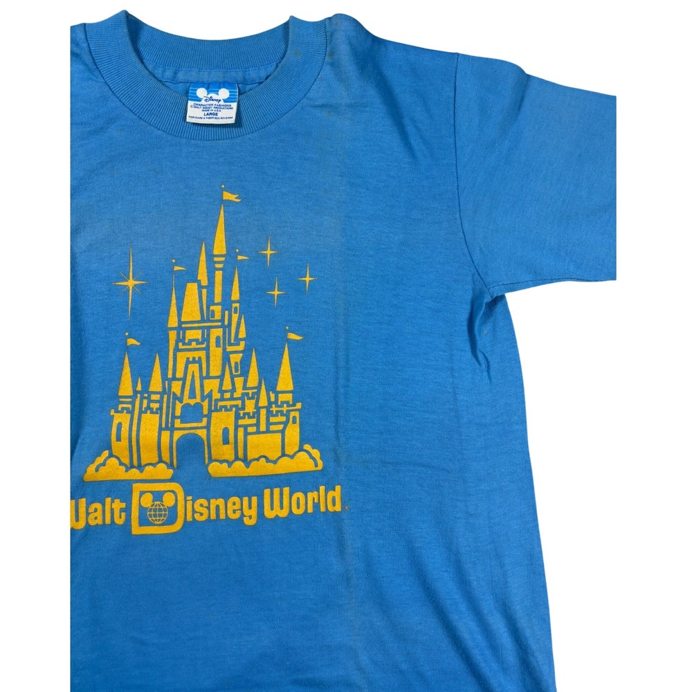 VTG 80s Walt Disney World T Shirt Kids Large Blue Yellow Castle Single Stitch